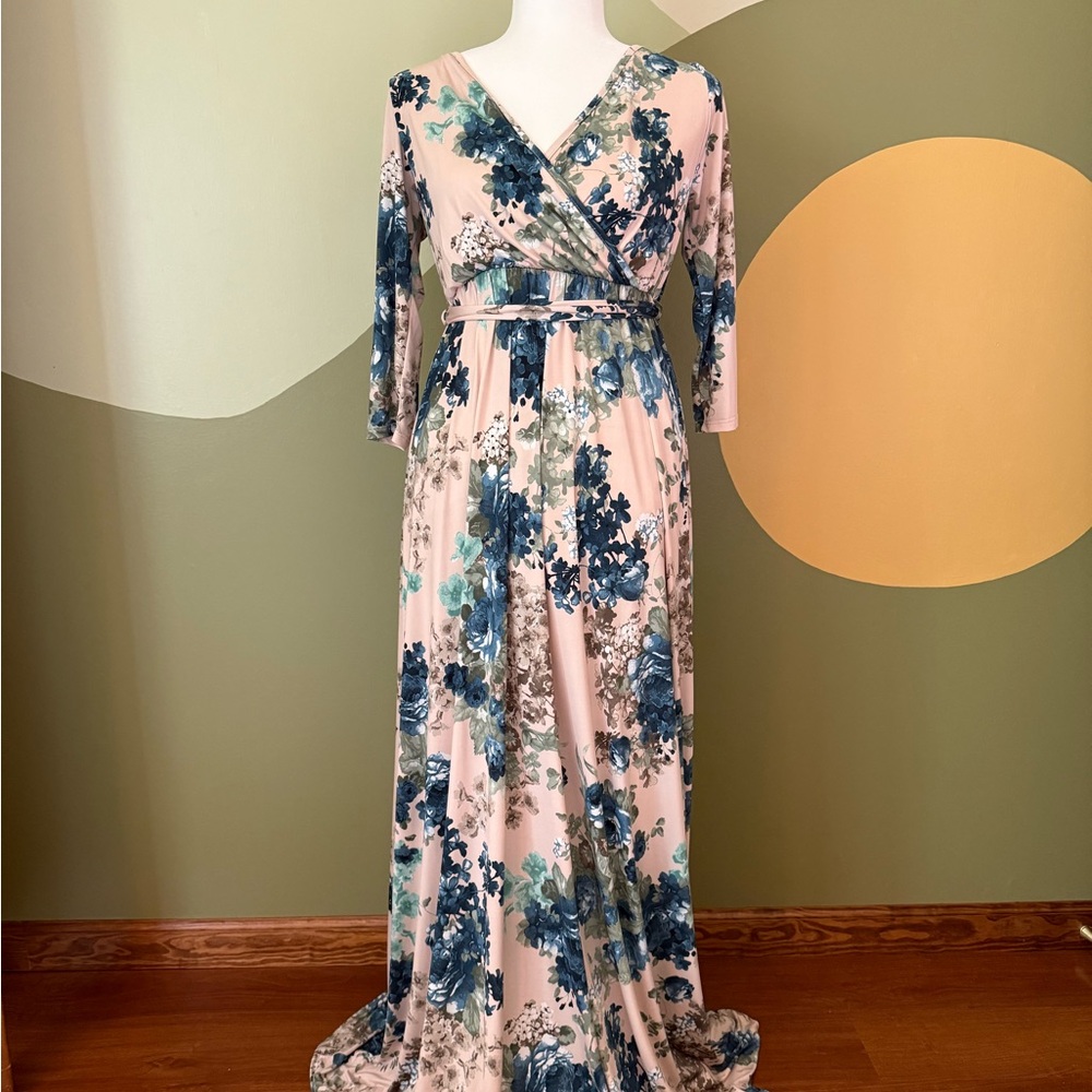 Pinkblush Maternity Blue and Pink Wrap Gown with V-Neck